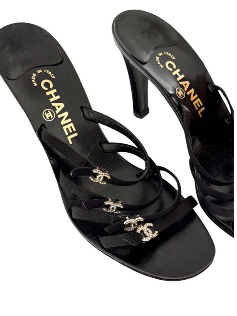 Vintage Chanel Black Satin Rhinestone CC Strap Slide Heels / Mules - Picture 3 of 7